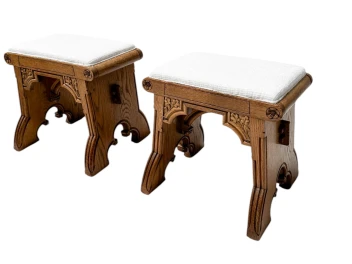 Arts & Crafts Hand-Carved Oak Stools with Boucle Upholstery, 1900s